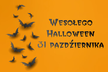 kartka lub baner na happy halloween party 31 października w kolorze czarnym na pomarańczowym tle z czarnymi nietoperzami