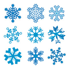 Snowflakes, abstract icons set.
Illustration of nine blue decorative ice crystals. Isolated on white background. Vector available.