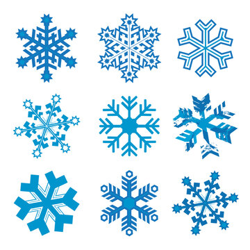 Snowflakes, abstract icons set.
Illustration of nine blue decorative ice crystals. Isolated on white background. Vector available.