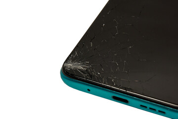 Damaged cell phone screen after a fall, cracked smartphone screen glass