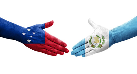 Handshake between Guatemala and Samoa flags painted on hands, isolated transparent image.