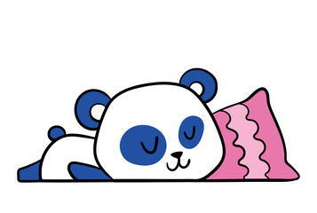 Cute little panda. Beautiful animal mascot lies on floor or sleeps on soft pink pillow. Design element for printing on children clothing. Cartoon flat vector illustration isolated on white background