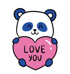 Cute little panda. Romantic bear mascot holds big pink heart with inscription love you. Feelings and emotions. Design element for sticker. Cartoon flat vector illustration isolated on white background