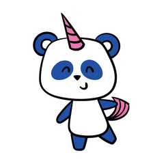 Cute little panda. Sticker with funny bear with horn and unicorn tail. Kid mascot from fairy tale. Design element for social networks. Cartoon flat vector illustration isolated on white background