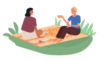 Women eat food. Friends on picnic. Young girls sit on bedspread in nature and communicate. Leisure and relax, outdoor. Weekends and holidays. Poster or banner. Cartoon flat vector illustration