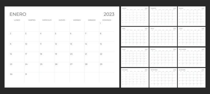 Set spanish calendar 2023 with simple landscape design template