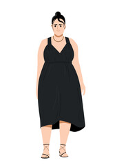 Fototapeta premium Person with big chubby figure. Beautiful smiling plus size girl in black dress. Female character with curvy sexy figure in stylish outfit. Cartoon flat vector illustration isolated on white background