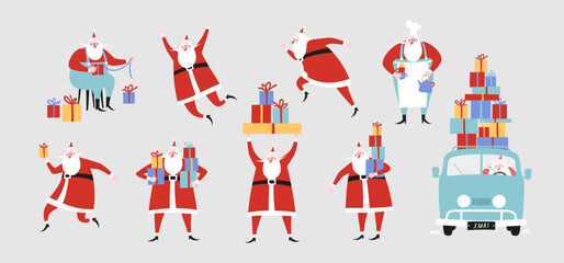 Cartoon Santa Claus in different poses set. Vector illustration.