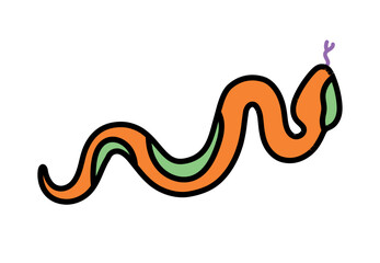 Psychedelic retro sticker. Groovy acid icon with crawling orange snake. Design element for printing on fabric. Vintage decoration. Cartoon flat vector illustration isolated on white background