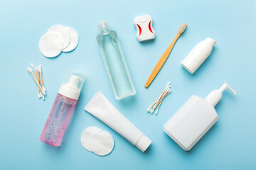 Mockup for bathing products top view flat lay, spa razor, toothpaste, soap, gel and other various accessories. Cosmetics for skin health. Bath Mockup for your logo