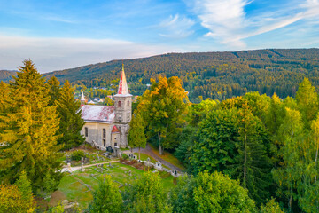 Rural catholic church from above