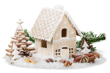 Christmas Gingerbread Cookie House with  Isolated on White Background.