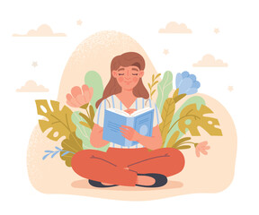 Woman reading with flowers. Selfdevelopment, education and training. Young girl sits with book in hands in lotus position. Sticker for social media and messengers. Cartoon flat vector illustration