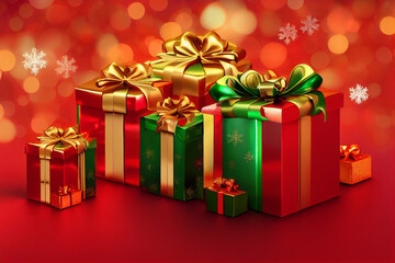 Obraz premium Christmas card Gift boxes red green golden ribbon bow