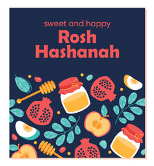 Happy rosh hashanah. Natural and organic products, honey, pomegranate and apple. Traditions and cultures, ethnicity. Holiday, festival and event. Poster or banner. Cartoon flat vector illustration