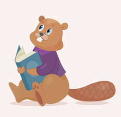 School beaver icon. Animal sitting with book in purple sweater. Graphic element for website, poster or banner. Hardworking student concept. Training and learning. Cartoon flat vector illustration