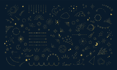 星のイラスト素材セット, 宇宙をテーマにしたデザイン用の装飾, ネイビーの背景に金色の線画.