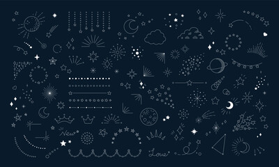 星のイラスト素材セット, 宇宙をテーマにしたデザイン用の装飾, ネイビーの背景に白色の線画.