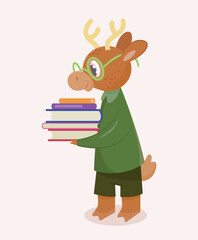 Fototapeta na wymiar School elk icon. Horned animal in glasses with stack of books. Education and training. Graphic element for website, poster or banner. Wildlife and forest dweller. Cartoon flat vector illustration