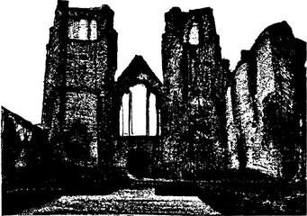 Ancient ruins from old church with towers and entrance. Black and white high contrast illustration. Elgin Scotland