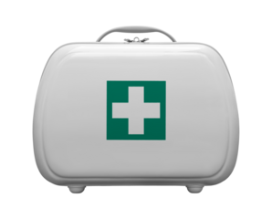 First aid kit with green cross logo on transparent background, frontal view