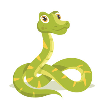 Cute snake icon. Graphic element for printing on fabric, poster or banner for website. Spotted character, bright animal coloring. Tropical and exotic reptile. Cartoon flat vector illustration