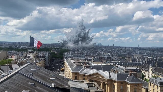 Missile or meteor striking paris city aerial view
Aerial view over Paris city bombarded by rocket or meteorite with large explosion
