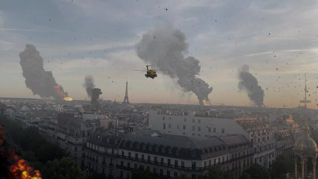 Paris city destroyed after war with helicopter, aerial view
France capital in flames and smoke after attack, illustration, 2022
