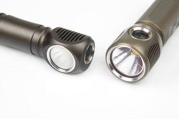 different lanterns flashlight on a white background. item for camping and household life.