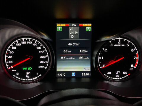 Treuchtlingen, Germany - Dezember 20, 2021: Mercedes Benz C43 AMG. Current model W205 analog speedometer.