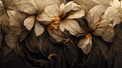 Bronze hibiscus repeated pattern flat on a dark paper vintage wallpaper. AI created a digital art illustration