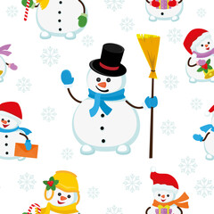 Christmas seamless pattern with funny snowmen. New Year beautiful vector illustration.