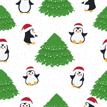 Christmas seamless pattern with Christmas tree and penguins. New Year beautiful vector illustration.