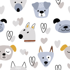 Faces of dogs on a white background between hearts. Seamless vector pattern with domestic pets. Kids print for wallpaper or nursery with animals