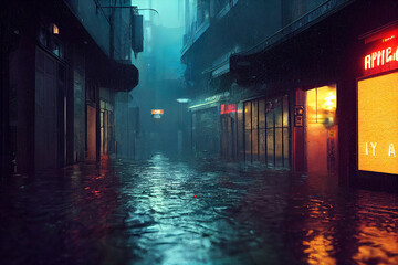 rainy city at night, empty street, streetlights