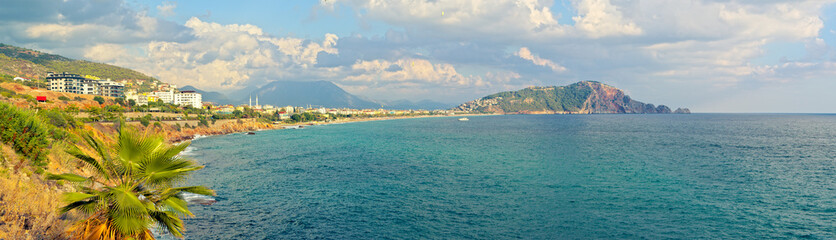Beautiful panoramic view of Alanya, Alanya Castle and Cleopatra Beach. Antalya Province, Turkey