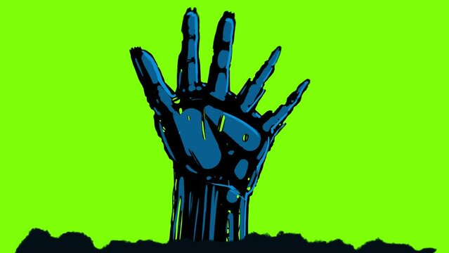 A Zombie Hand Makes Its Way Out Of The Ground On A Green Screen. Animation Of The Dead Rising In 4k With An Alpha Channel. A Cartoon Palm With Mutilations Moves Bony Fingers. Video For Halloween.