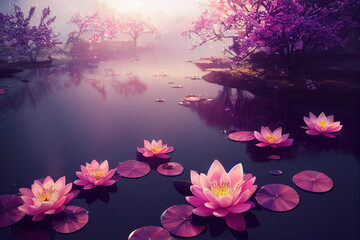beautiful pink water lilies flowers in water, blossoming sakura trees, nature background wallpaper - obrazy, fototapety, plakaty