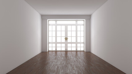 Empty Room with White Walls, Frontal View. White Room with Large Window, White Cornice and a Door with Bronze Handles, Dark Parquet Floor and White Stucco Walls. 3D rendering, 8K Ultra HD, 7680x4320