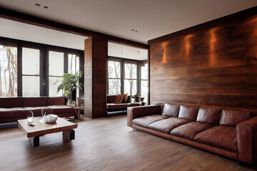 Fototapeta premium living room interior with leather sofa brown wood plank wall 