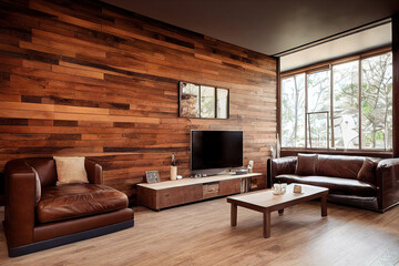 living room interior with leather sofa brown wood plank wall	