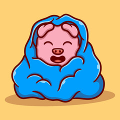cute pig using a blanket in winter cartoon vector icon illustration