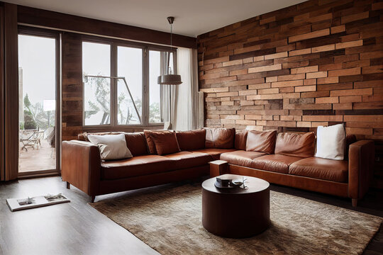 living room interior with leather sofa brown wood plank wall	
