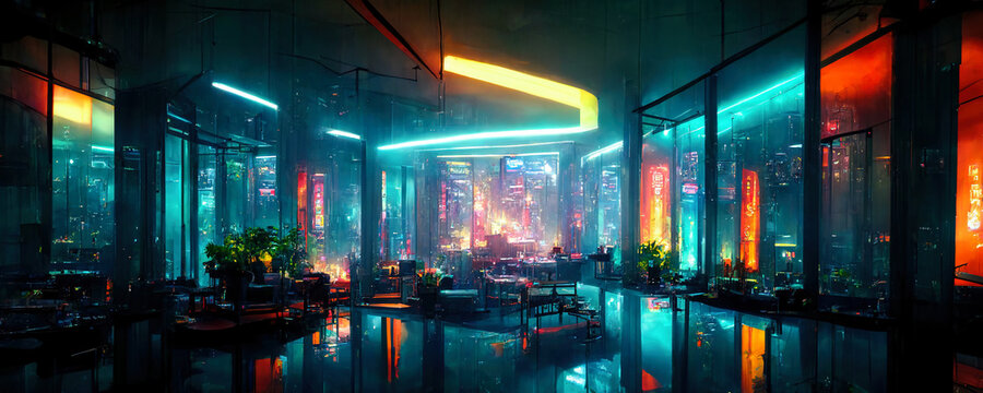 Concept art illustration of apartment living room interior in cyberpunk style. AI created a digital art illustration