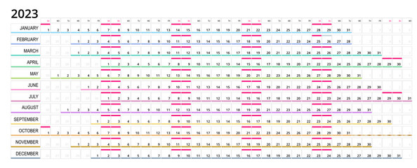 Calendar linear for 2023 year. Stationery Design Print Template. Yearly calender planner. Set of 12 Months. Schedule template with months. Week starts Sunday. Horizontal, landscape orientation