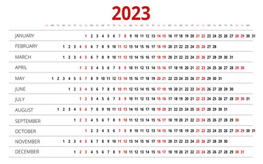 Calendar linear for 2023 year. Stationery Design Print Template. Yearly calender planner. Set of 12 Months. Schedule template with months. Week starts Sunday. Horizontal, landscape orientation