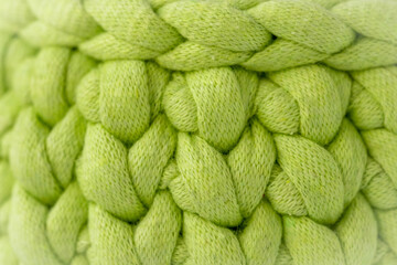 Pattern of crocheted light green basket, stuff organizer, crochet baskets pattern for crocheting, nature-friendly sustainable handicraft business, cute interior items. Copy space