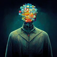 Metaphorical depiction of a man addicted to social networks. Science fiction. AI created a digital art illustration - obrazy, fototapety, plakaty