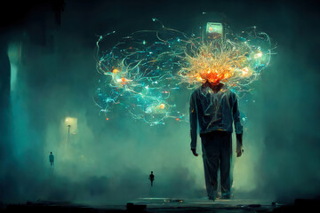 Metaphorical depiction of a man addicted to social networks. Science fiction. AI created a digital...
