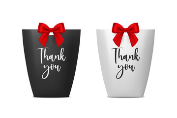 Thank You. Vector 3d Realistic Black and White Paper Gift Bag, Box for Birthday or Party with Gift Bow, Ribbon. Carry Bag for Present Icon Set Isolated on White Background
